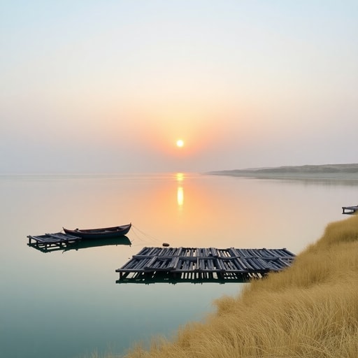 Sunrise over Oualidia lagoon with oyster platforms and fishing boat on calm water