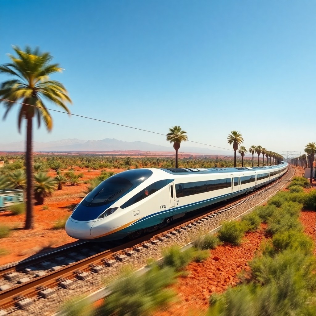Train TGV moderne pour une excursion d'une jour à Marrakech depuis Casablanca traversant les palmeraies marocaines.