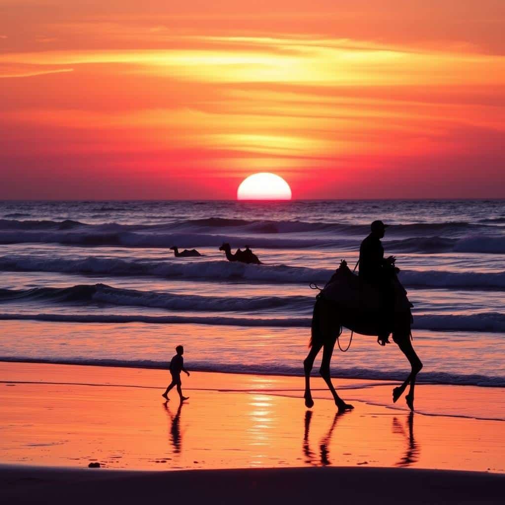 Sunset camel ride on Sidi Kaouki beach during a coastal day trip from Casablanca