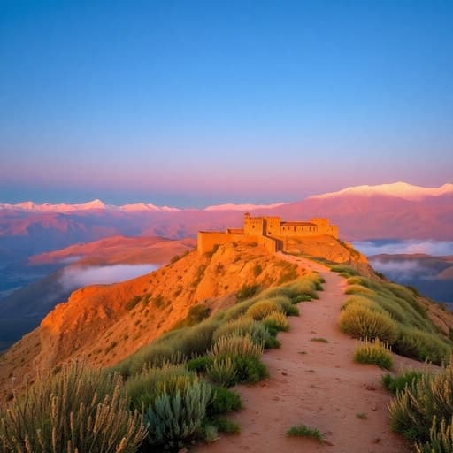 Sunrise over the Atlas Mountains with a trail leading to a stone kasbah