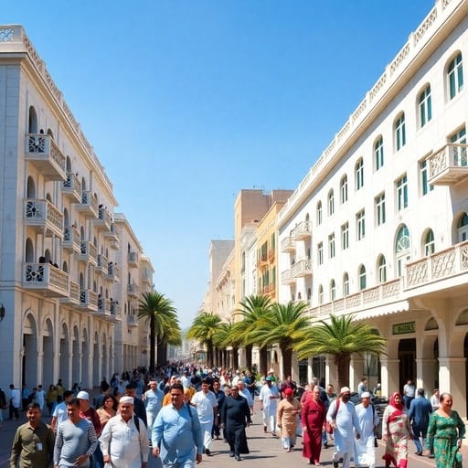 Art Deco architecture and bustling street life on Avenue Mohammed V in Casablanca Morocco