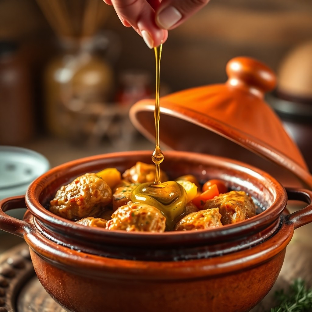 Délicieux tagine mijoté fini avec un filet d'huile d'argan, illustrant la technique pour cuisiner le tagine avec des ingrédients savoureux.