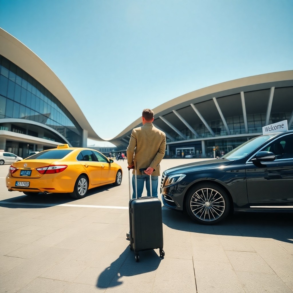 Traveler comparing a standard taxi and a private chauffeur service for Transfert Aéroport Casablanca options outside the terminal.