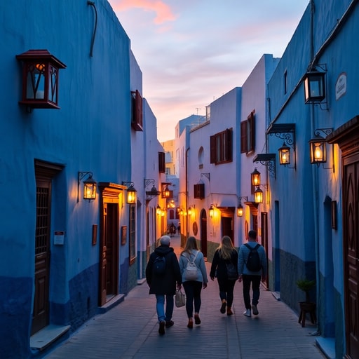Médina bleue de Chefchaouen au coucher du soleil avec ruelles, maisons bleues et voyageurs