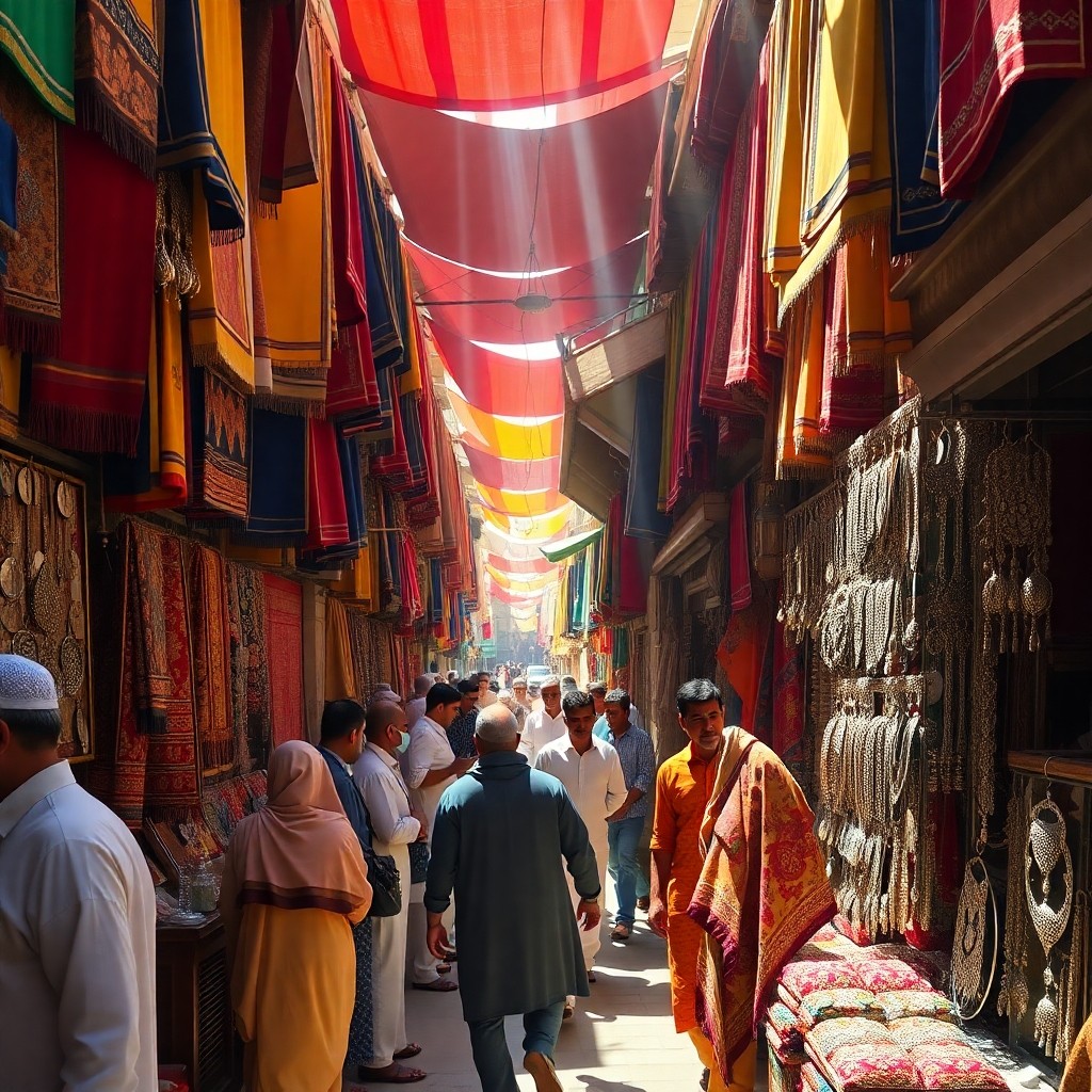 Vibrant scene of Shopping à Casablanca featuring colorful textiles and artisanat stalls in a traditional souk, highlighting local craftsmanship.