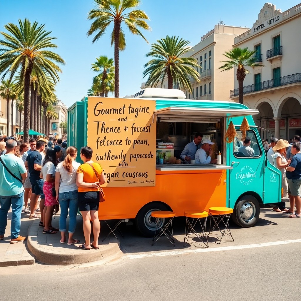 Food‑truck premium d'Anfa présenté dans le guide « Où manger à Casablanca : Guide Gastronomique », montrant une file de clients savourant des plats marocains modernes sous la lumière du jour.
