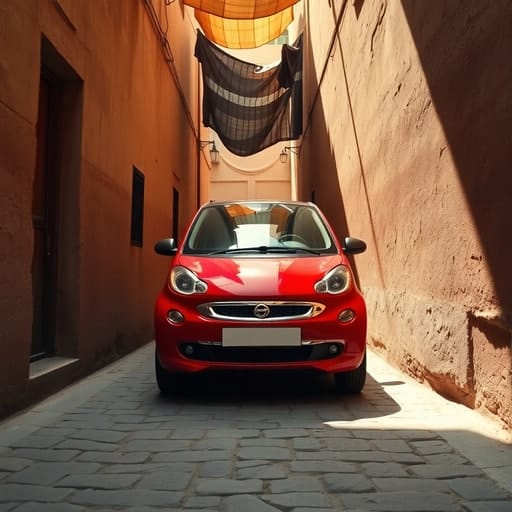 Compact city car driving through narrow street in Marrakech medina