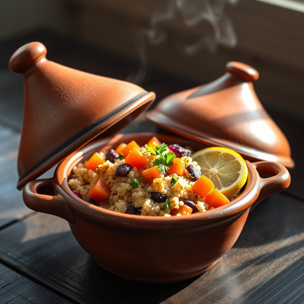 Close-up of a modern Moroccan tajine with quinoa and organic vegetables representing the evolution of Gastronomie Marocaine : Spécialités à Goûter.