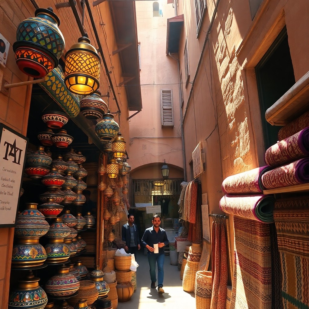 Boutique traditionnelle dans un souk marocain regorgeant de lanternes et de poteries, offrant une variété de souvenirs du Maroc et de cadeaux culturels.