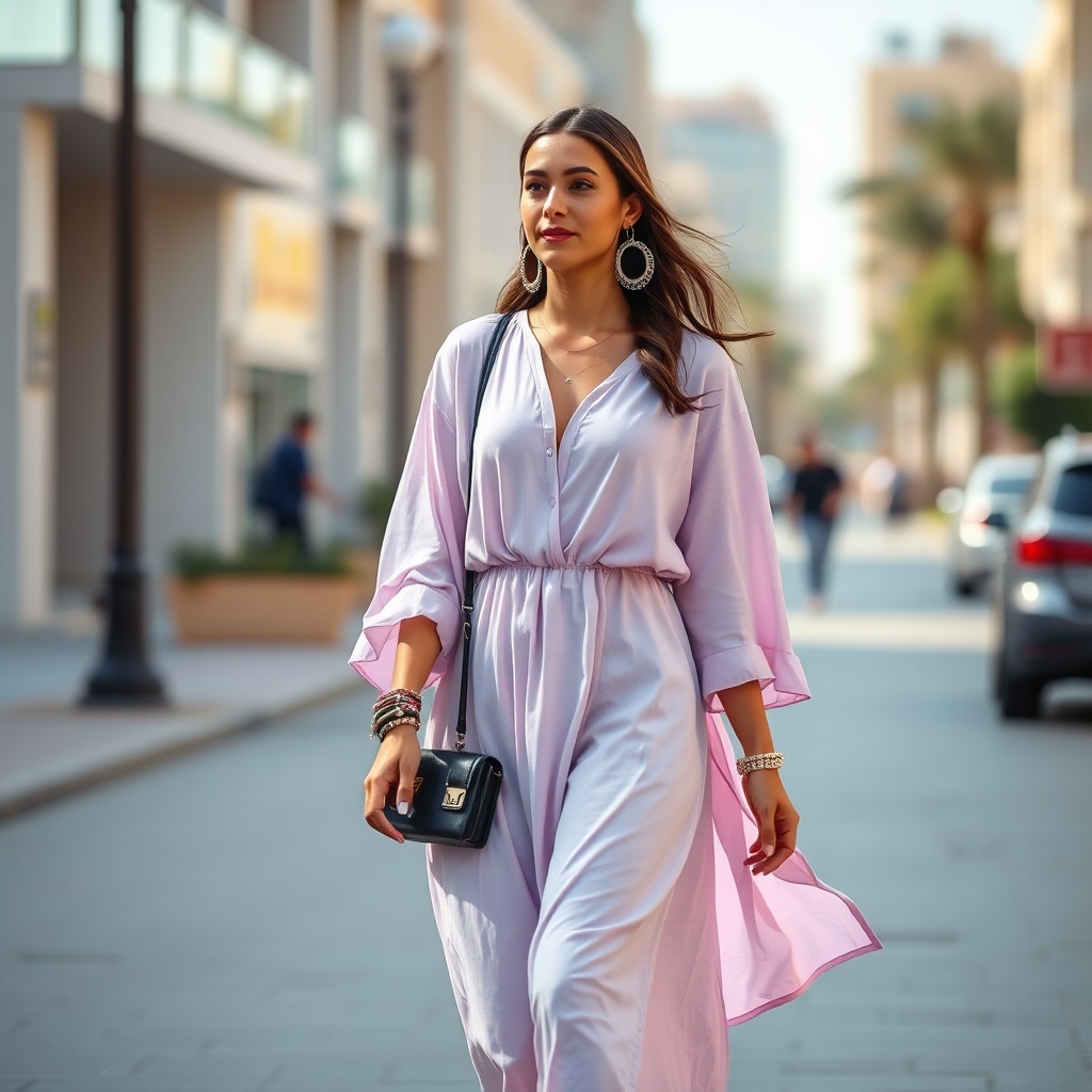 Modern fusion of Mode Marocaine : Caftans et Bijoux Traditionnels showing a pastel lilac caftan paired with Amazigh silver jewelry in an urban setting.