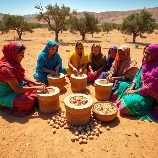 Berber women extracting argan oil using traditional stone tools in a Moroccan cooperative