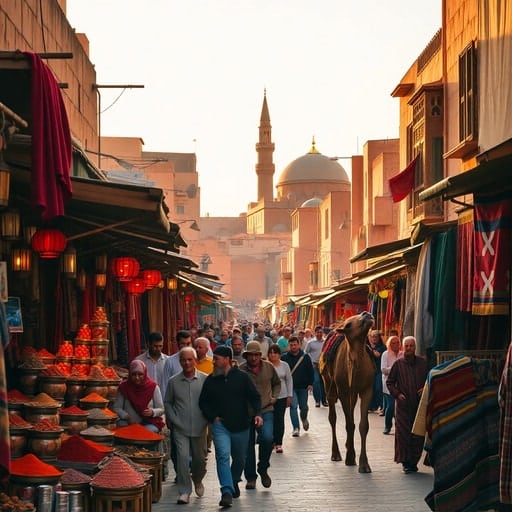 Bustling Marrakech medina with market stalls and the Koutoubia Mosque