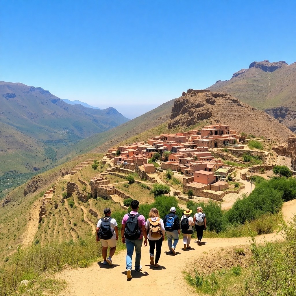 Travelers hiking towards a traditional Berber village in the mountains during Excursions Casablanca, showcasing the best one-day trips for nature lovers.