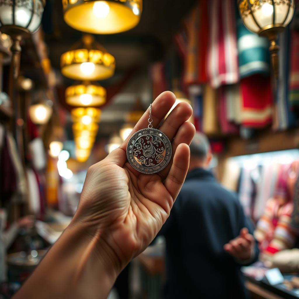 Close up of hand engraved silver jewelry being examined in a Casablanca Medina shop