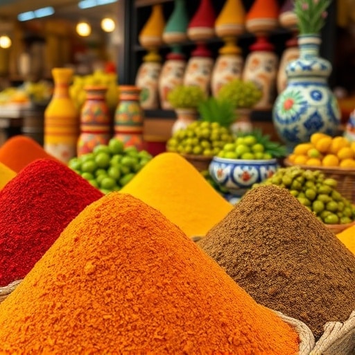 Close up of colorful spice mounds and ceramics at Casablanca Central Market