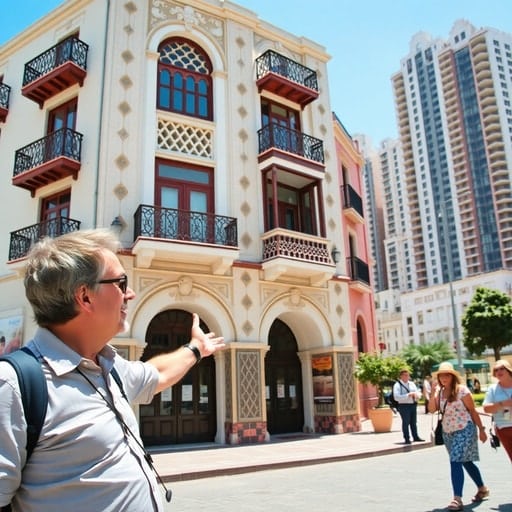 Tour guide explaining Art Deco architecture to visitors in Casablanca
