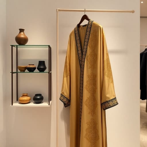 Modern Moroccan caftan and artisanal crafts displayed in a Casablanca concept store