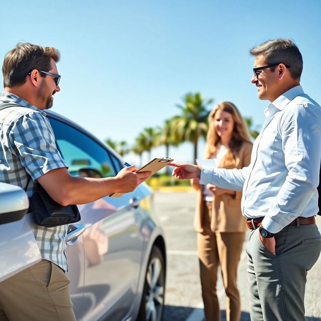 Traveler inspecting a vehicle following tips from a location voiture Maroc guide to avoid issues.