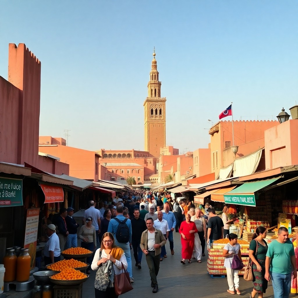 Vue animée de la place Jemaa el-Fna lors d'une excursion d'une jour à Marrakech depuis Casablanca avec la mosquée en arrière-plan.