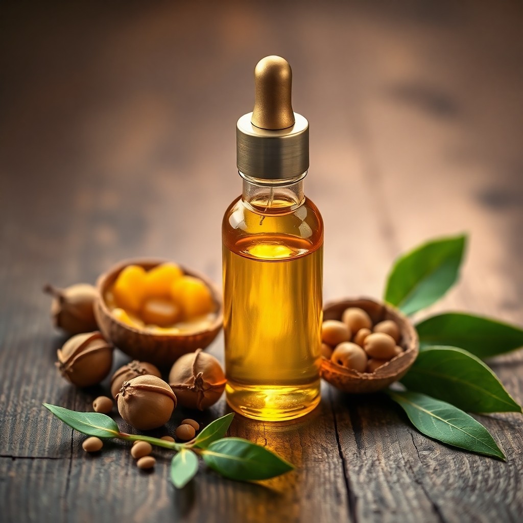Flacon de verre contenant de l'huile d'argan dorée, posé sur du bois brut avec des amandons, illustrant la composition naturelle et les bienfaits de l'huile d'argan.