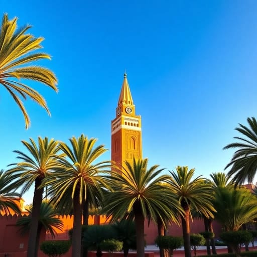 Koutoubia Mosque minaret and red sandstone walls in Marrakech with palm trees under blue sky