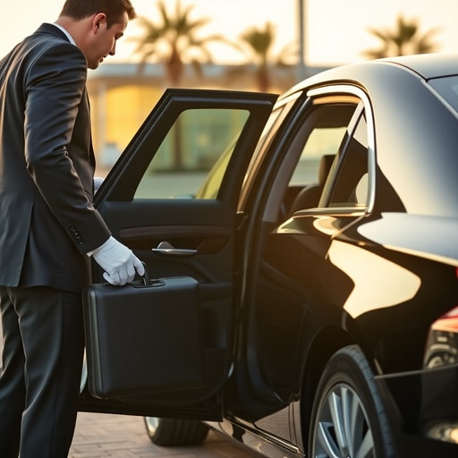 Service de VTC haut de gamme avec chauffeur professionnel assistant un passager à l'aéroport, représentant une option confortable pour le transfert aéroport Casablanca.