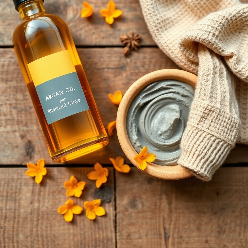 Ingrédients naturels marocains comme l'huile d'argan et l'argile pour les secrets de beauté et le bien-être au hammam.