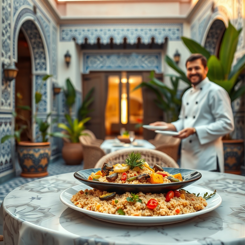 Elegant dining experience with a chef serving refined local dishes in a Moroccan riad, highlighting the best of Gastronomie Marocaine : Spécialités à Goûter.