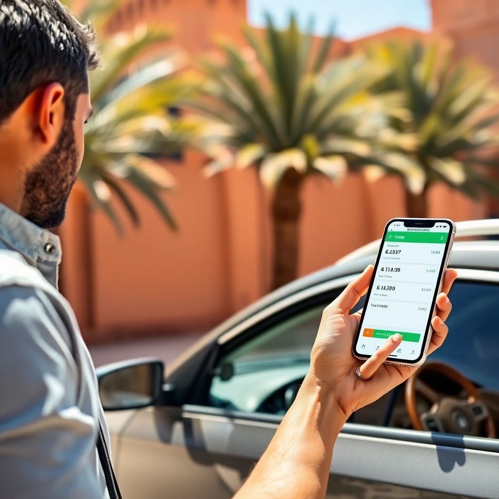 Traveler inspecting a rental vehicle and checking digital booking details in Morocco, applying Location Voiture Maroc Conseils de location regarding insurance and documents.