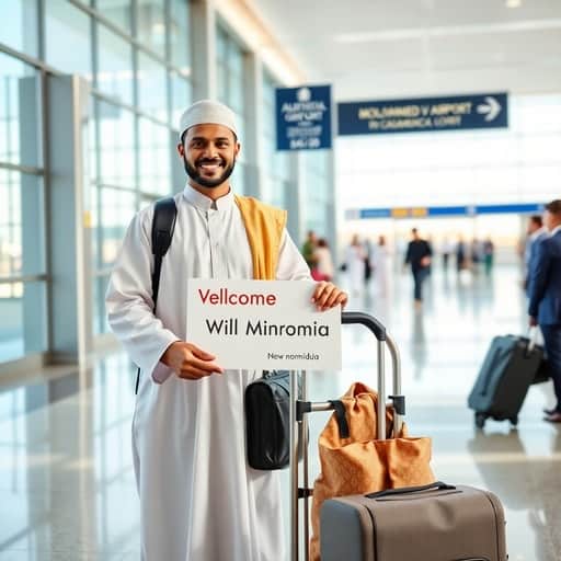 Chauffeur professionnel accueillant un voyageur avec ses bagages à la sortie de l'aéroport