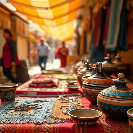 Close up of Moroccan handicrafts and silver jewelry displayed at a souk stall in Casablanca