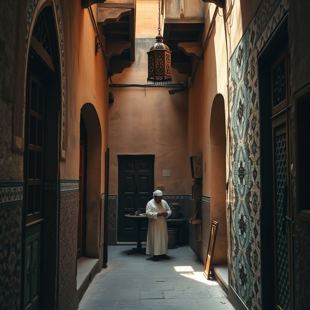 Traditional architecture and crafts in the medina representing a cultural voyage and historical circuit in Morocco