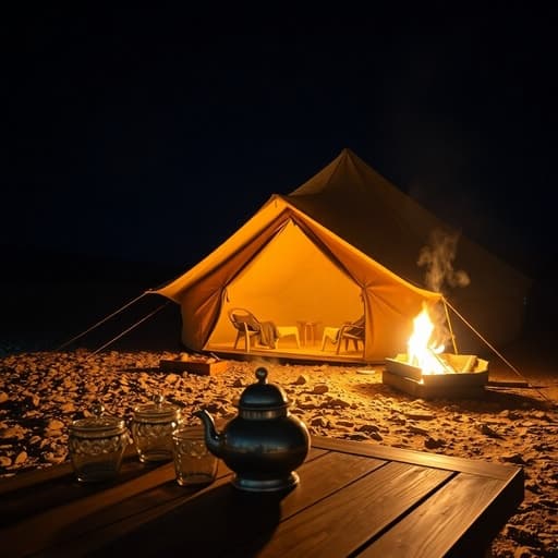 Luxury camping tent and tea set during a night excursion in Agafay