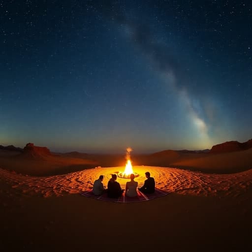 Night camping under the stars in Agafay desert with campfire and travelers