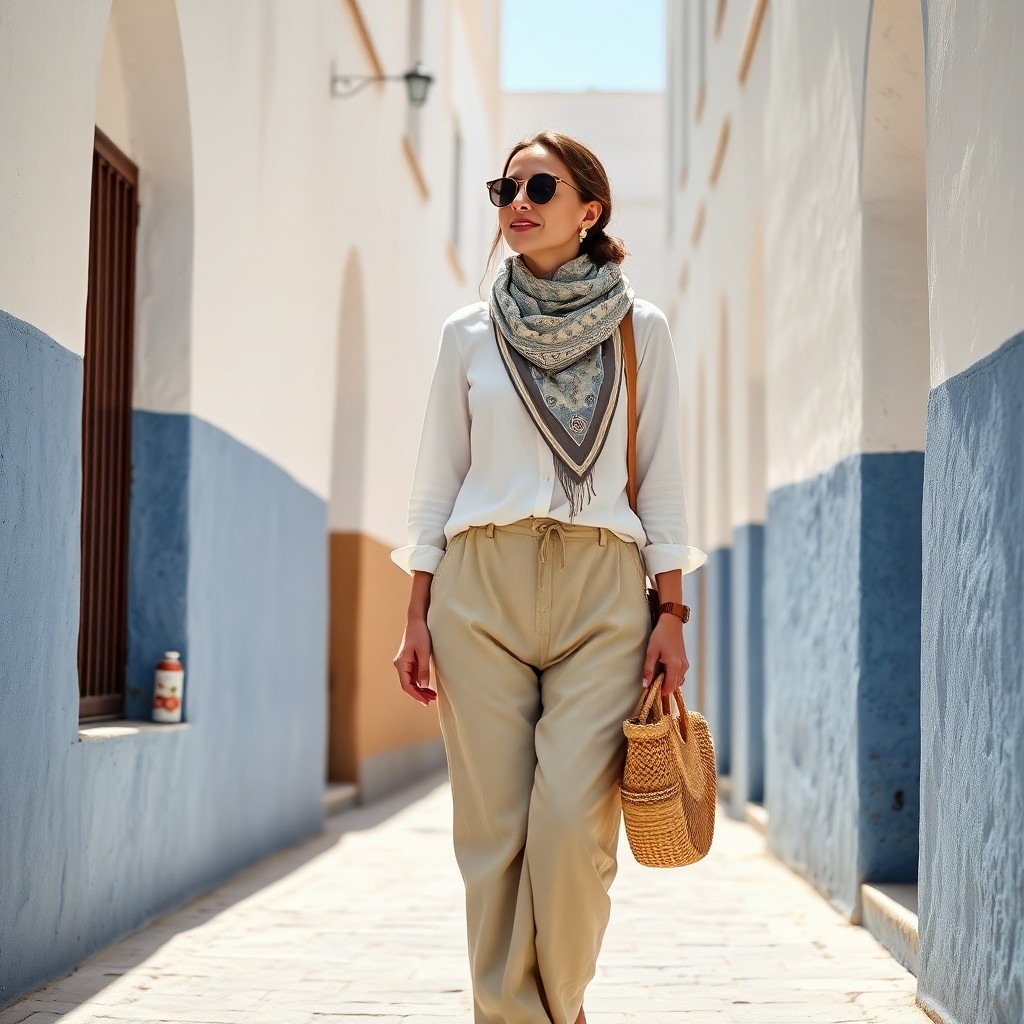 Femme touriste portant des vêtements amples en lin et coton dans une rue de la médina au Maroc, illustrant les conseils vestimentaires de Que Porter au Maroc ? Tenues et Conseils Culturels.