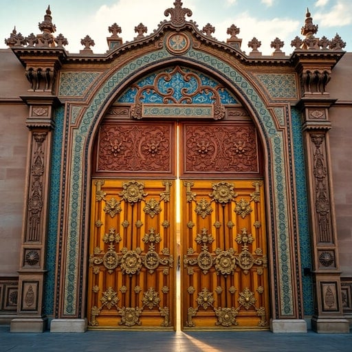 Ornate mosaic gate of the Royal Palace in Rabat representing imperial history