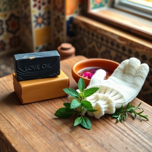Moroccan hammam ritual essentials including black soap, kessa glove, and natural skincare ingredients