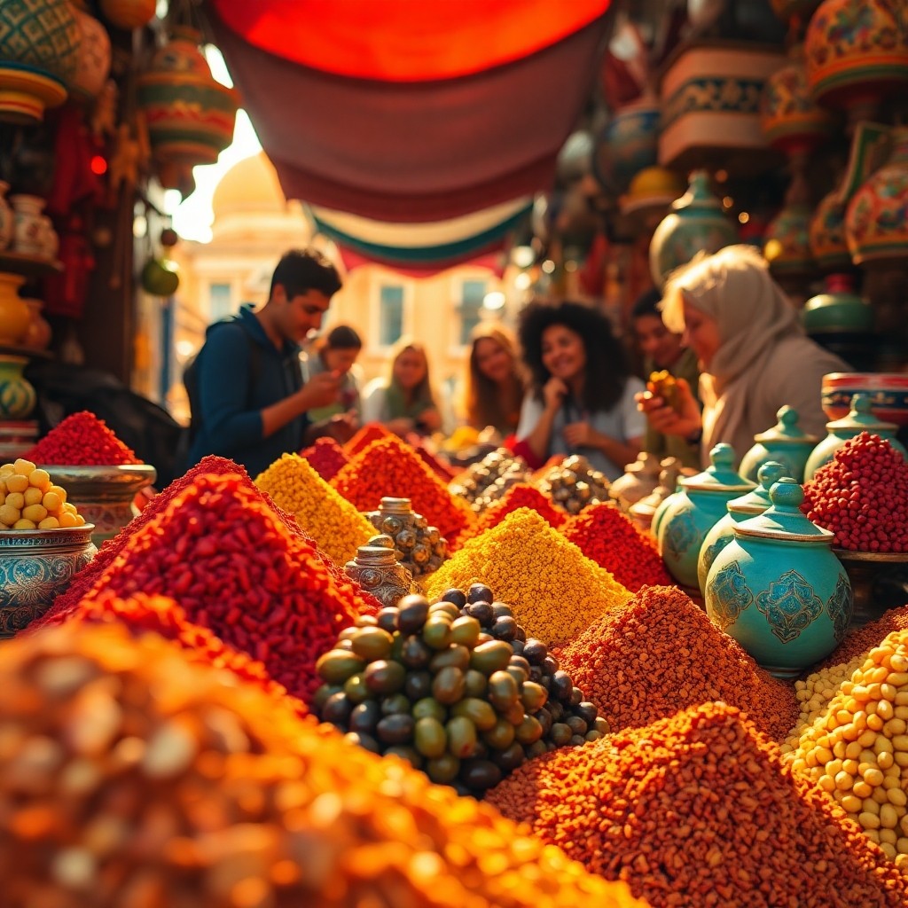 Tourists enjoying local food and spices at a vibrant market, illustrating the gastronomic adventures included in the best day trips from Casablanca.