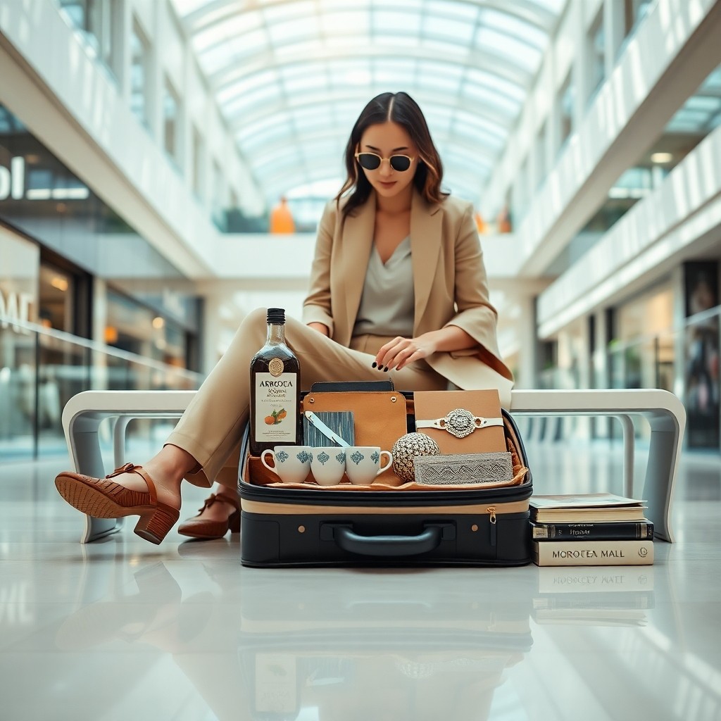 Shopping à Casablanca : Que rapporter chez soi ? – traveler packing Moroccan argan oil, mint‑tea set, silver jewelry and books in Morocco Mall’s bright atrium