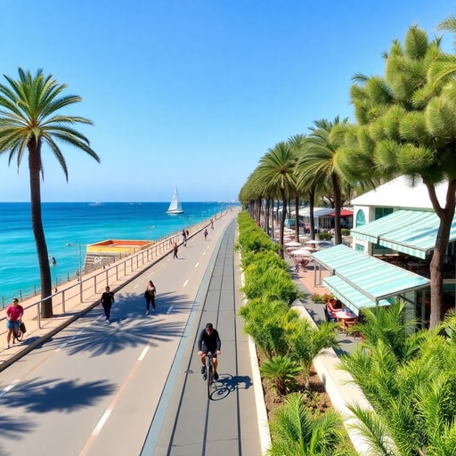 Busy Corniche promenade with cyclists, cafés, and ocean view in Casablanca