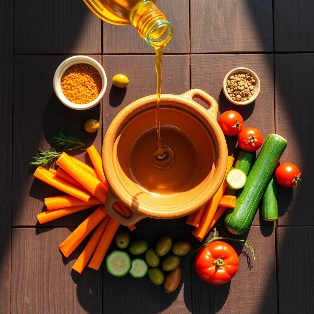 Ingrédients frais disposés autour d'un plat en terre cuite avec de l'huile d'argan, idéaux pour cuisiner le tagine de manière authentique.