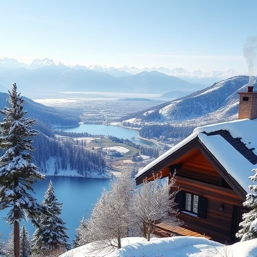 Winter scene of Ifrane with snow‑covered pines, a reflective mountain lake, and a chalet on the route from Casablanca to Merzouga