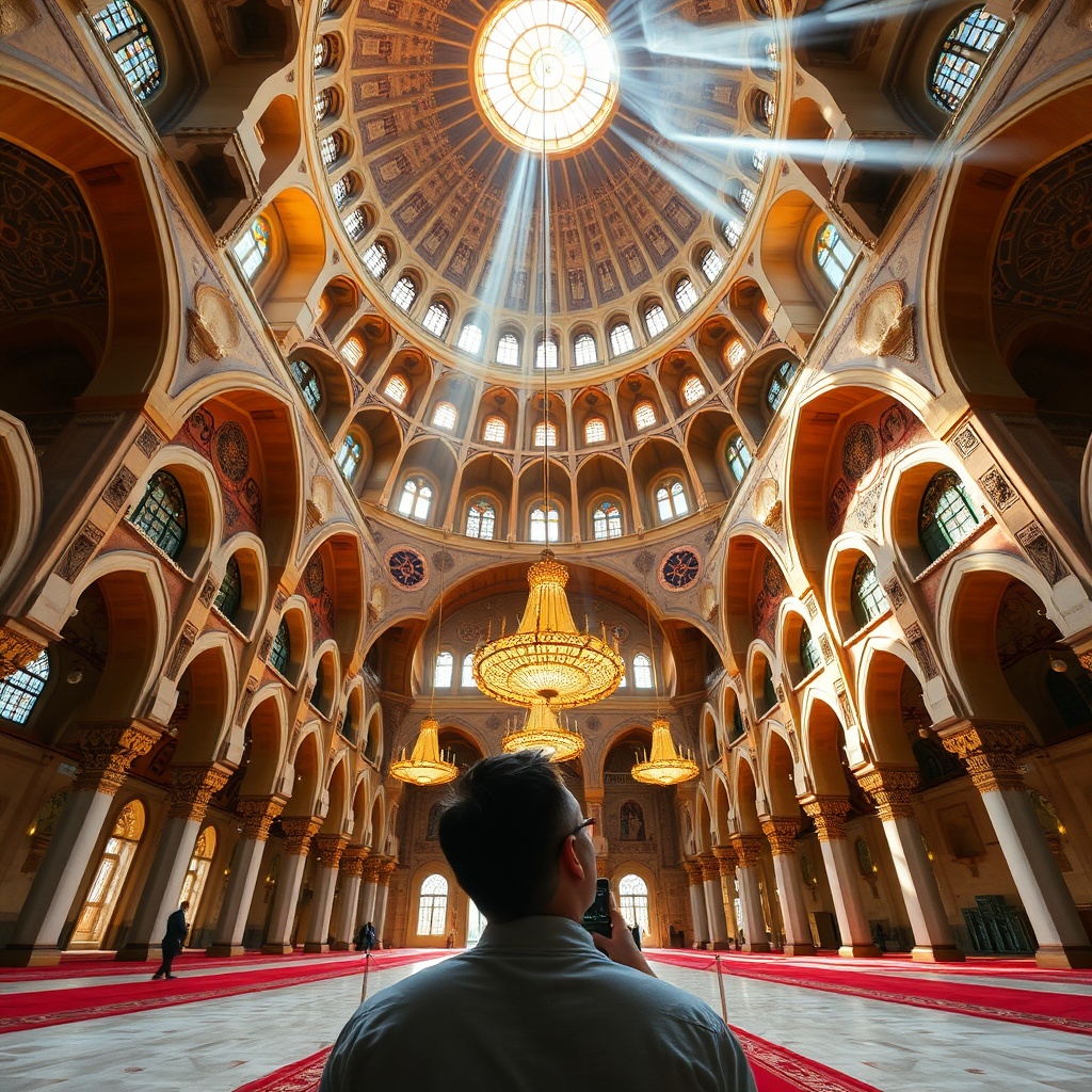 Intérieur architectural de la Mosquée Hassan II lors d'une visite guidée, montrant le plafond ouvrant et les détails en bois et marbre.