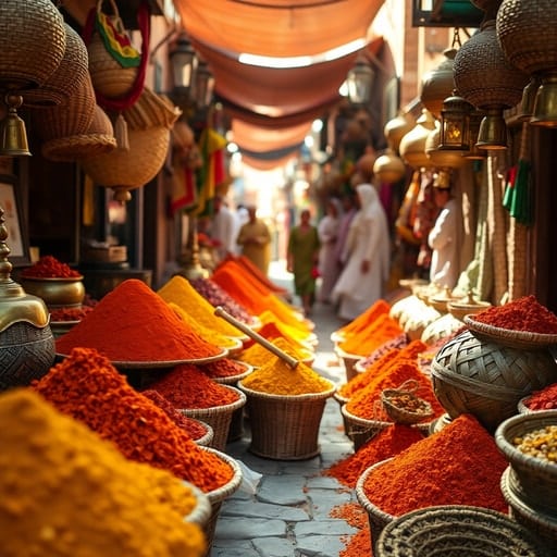 Vibrant spice stalls and colorful lanterns in a busy Marrakech souk market