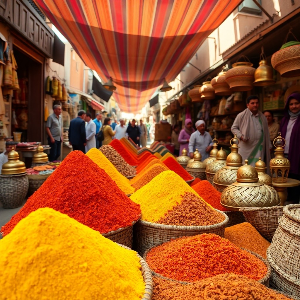 Bustling souk filled with colorful spices and artisan crafts, showcasing the rich Culture et Traditions Marocaines pour Touristes in a lively market setting.