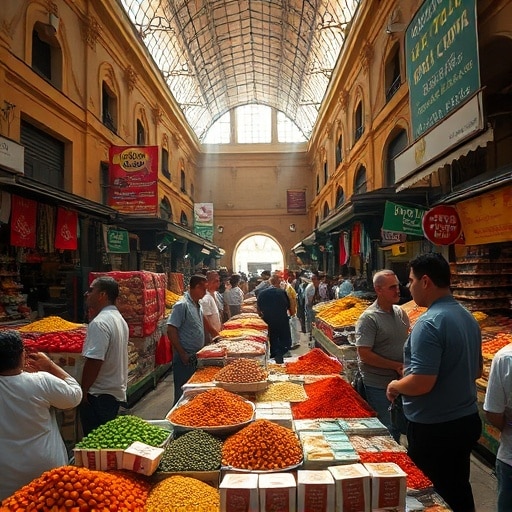 Busy interior of the Central Market in Casablanca filled with fresh produce and spice stalls