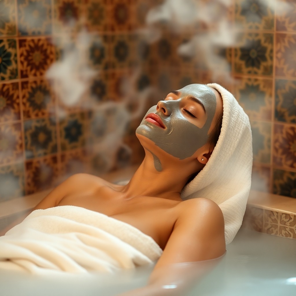 Femme détendue dans un hammam traditionnel avec masque à l'argile, illustrant le bien-être et les secrets de beauté marocains.