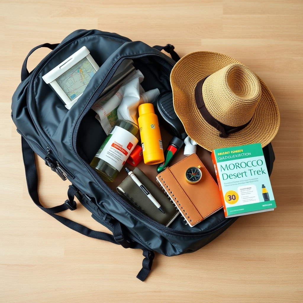 Prepared desert trek backpack with GPS, map, water bottle and other essential gear