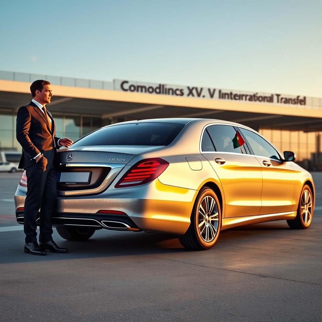 Luxury Mercedes‑Benz limousine parked at Casablanca Mohammed V International Airport for premium transfer services