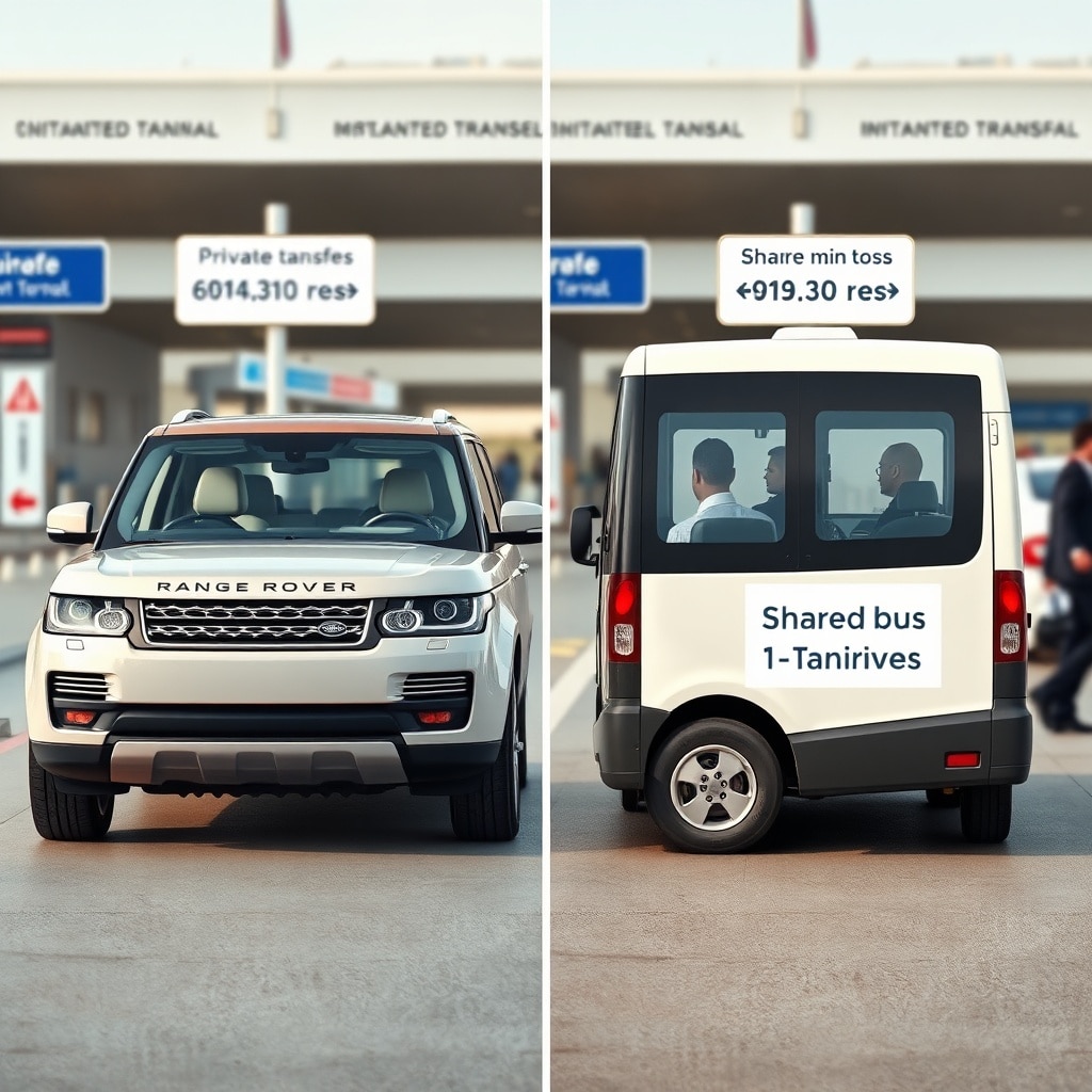 Side‑by‑side comparison of private SUV and shared minibus transfer options at Casablanca airport